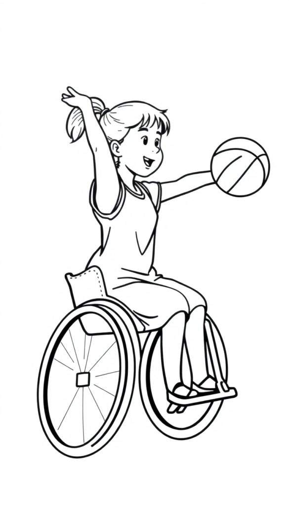 Zwart-wit kleurplaat van een lachend meisje in een rolstoel met een basketbal in haar hand, klaar om te gooien.