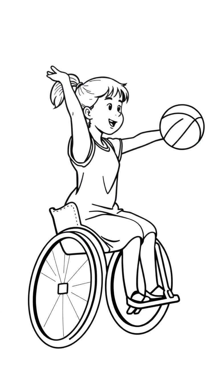 Zwart-wit kleurplaat van een lachend meisje in een rolstoel met een basketbal in haar hand, klaar om te gooien.