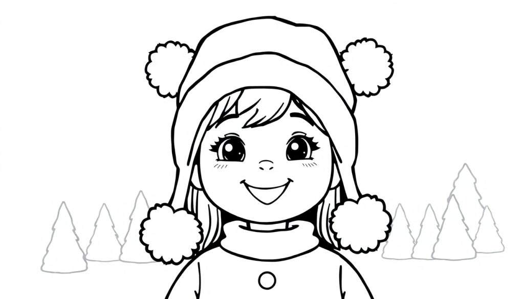 Zwart-wit kleurplaat van een lachend meisje met een wintermuts met pom-poms en dennenbomen op de achtergrond.