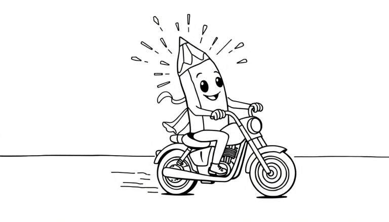 Zwart-wit kleurplaat van een lachend cartoon potlood met een wapperende sjaal, rijdend op een motorfiets met horizontale strepen achter het achterwiel, op een minimalistische achtergrond met een horizonlijn.