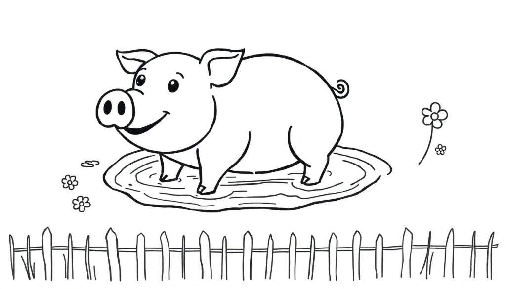Kleurplaat van een lachend varken in een modderplas met bloemen en een hek.