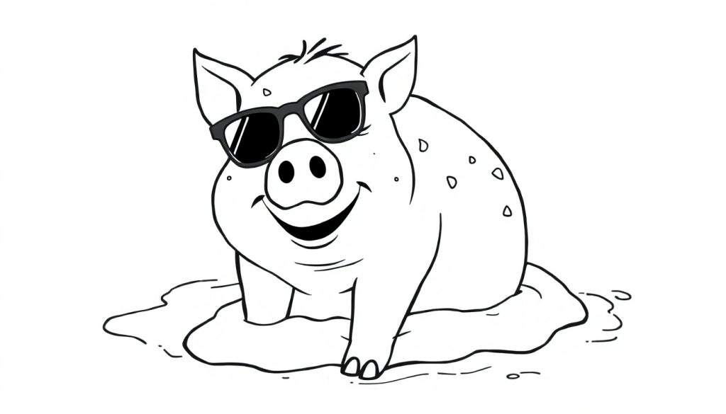 Kleurplaat van een lachend varkentje met zonnebril in de modder, met stippen op zijn rug.