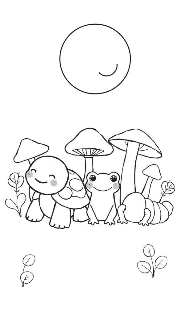 Kleurplaat met een lachende zon boven een boslandschap met een schildpad, kikker, rups, paddenstoelen en plantjes.