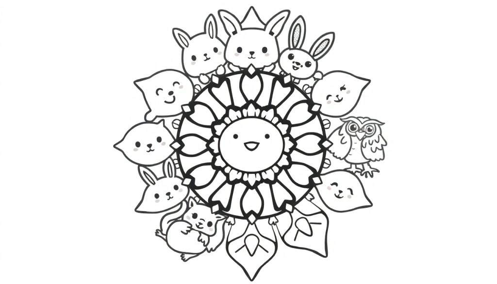 Kleurplaat met een lachende zonbloem mandala omringd door schattige konijntjes, een uil, een eekhoorn en blaadjes met gezichtjes.