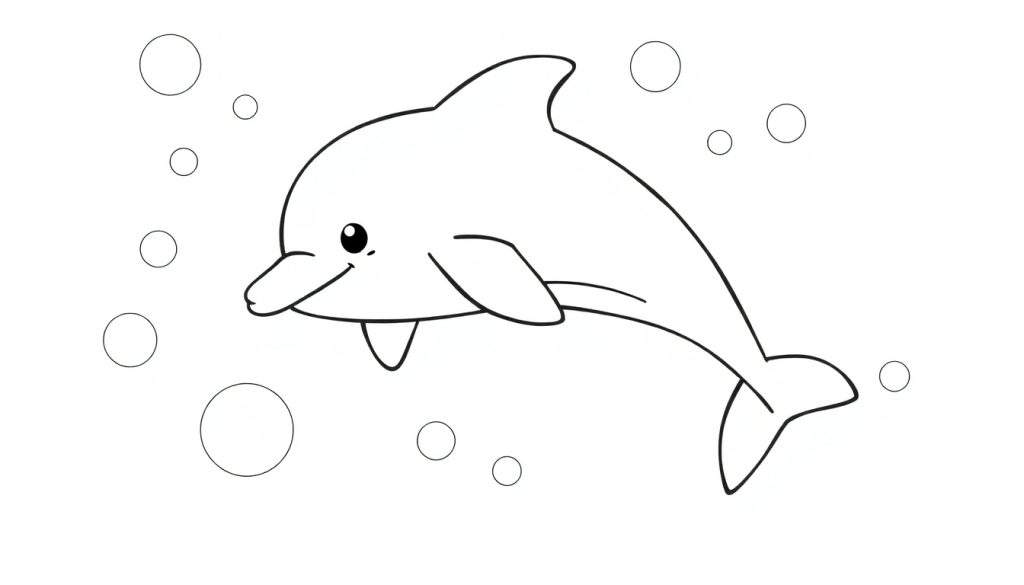 Kleurplaat van een lachende dolfijn omringd door luchtbellen, met een duidelijke lijntekening en witte achtergrond.