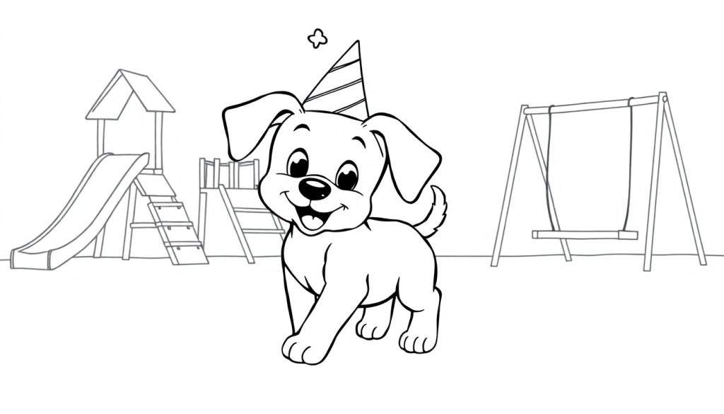 Zwart-wit lijntekening van een vrolijke hond met een feesthoedje en een open lach, met een speeltuin met glijbaan, klimrek en schommel op de achtergrond.