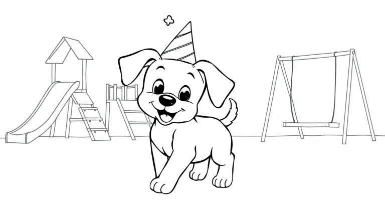 Zwart-wit lijntekening van een vrolijke hond met een feesthoedje en een open lach, met een speeltuin met glijbaan, klimrek en schommel op de achtergrond.