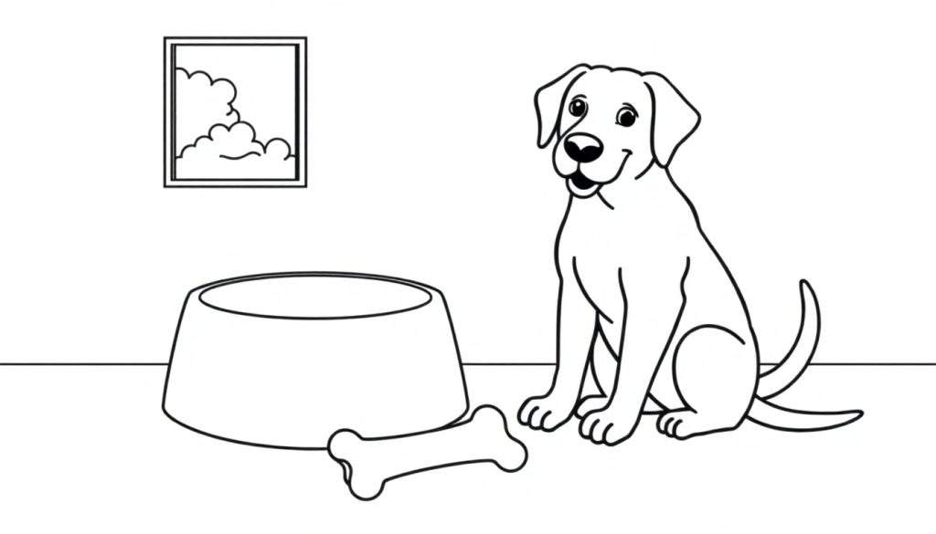 Zwart-wit lijntekening van een lachende hond met hangoren, zittend voor een lege voerbak met een bot ernaast. Een schilderij met wolken hangt aan de muur.