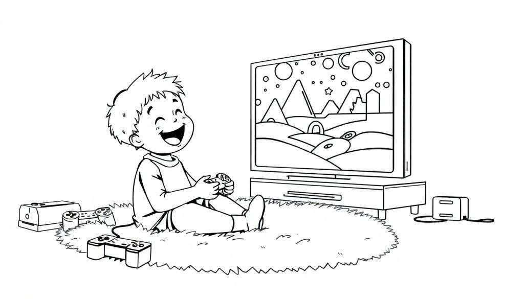 Zwart-wit tekening van een lachende jongen die op een vloerkleed zit en een videogame speelt op een platte televisie. Naast hem liggen spelcontrollers en een spelconsole.