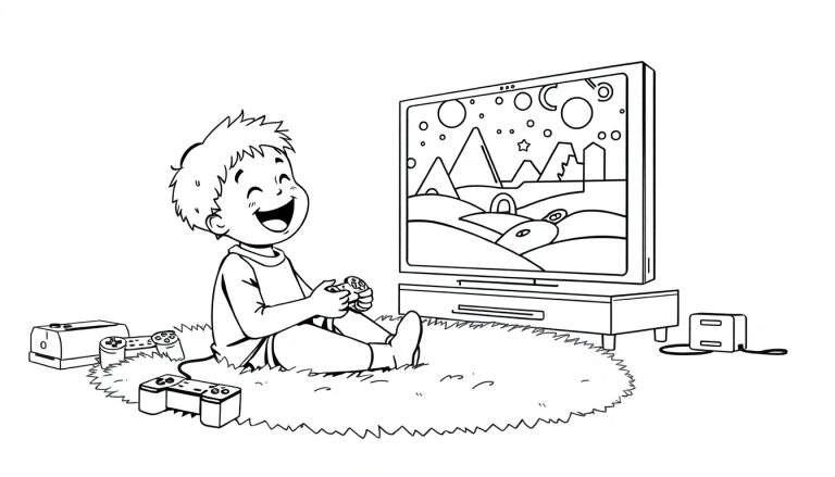 Zwart-wit tekening van een lachende jongen die op een vloerkleed zit en een videogame speelt op een platte televisie. Naast hem liggen spelcontrollers en een spelconsole.