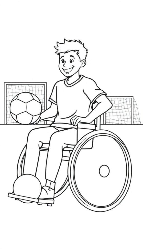 Kleurplaat van een lachende jongen met stekelig haar, zittend in een rolstoel en een voetbal vasthoudend. Op de achtergrond staan twee voetbaldoelen.