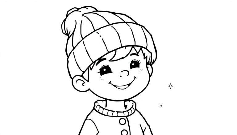 Zwart-wit lijntekening van een blij kijkend kind in wintermuts en trui, met sproetjes en een grote glimlach, naast een ster en een cirkel. Kleurplaat.