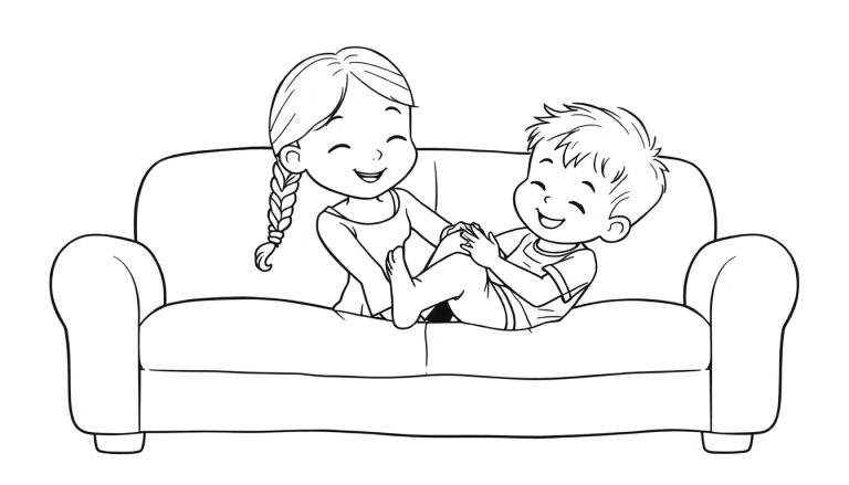 Kleurplaat van een meisje met een vlecht die een jongen op een bank kietelt. De jongen ligt lachend op zijn rug met zijn benen omhoog.