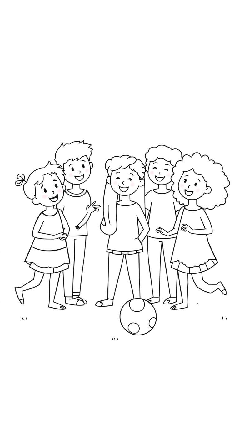 Zwart-witte lijntekening van zes blije kinderen die lachend bij elkaar staan, met een voetbal op de grond.