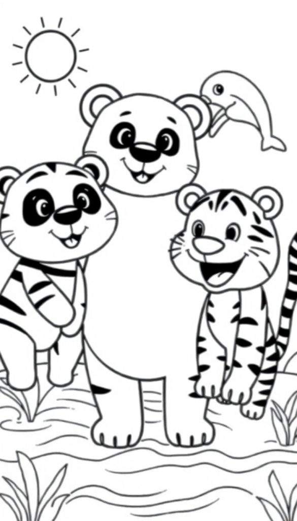 Zwart-wit kleurplaat met een lachende grote panda, een kleiner panda welpje, een lachend tijgerwelpje, een dolfijn die uit het water springt en een lachende zon. De dieren staan bij water met plantjes.