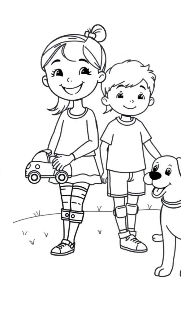 Kleurplaat van een lachend meisje met een autootje, een lachende jongen met kniebeschermers en een lachende hond met tong uit de bek, staand op een grasveld.