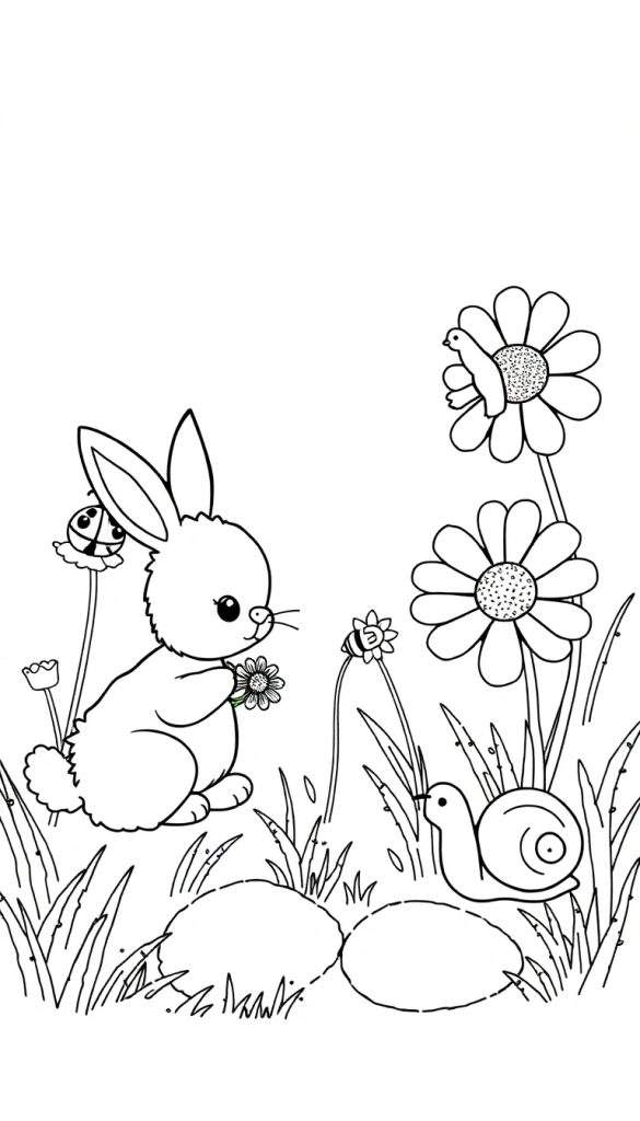 Kleurplaat met een pluizig konijntje dat een bloemetje vasthoudt, omringd door diverse bloemen, een lieveheersbeestje, een bijtje, een vogeltje, gras en een slakje. Lentetafereel.