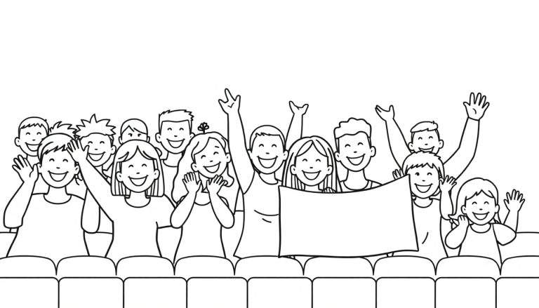 Zwart-wit lijntekening van lachende mensen die juichen en zwaaien in stoelen, met een leeg spandoek in het midden.