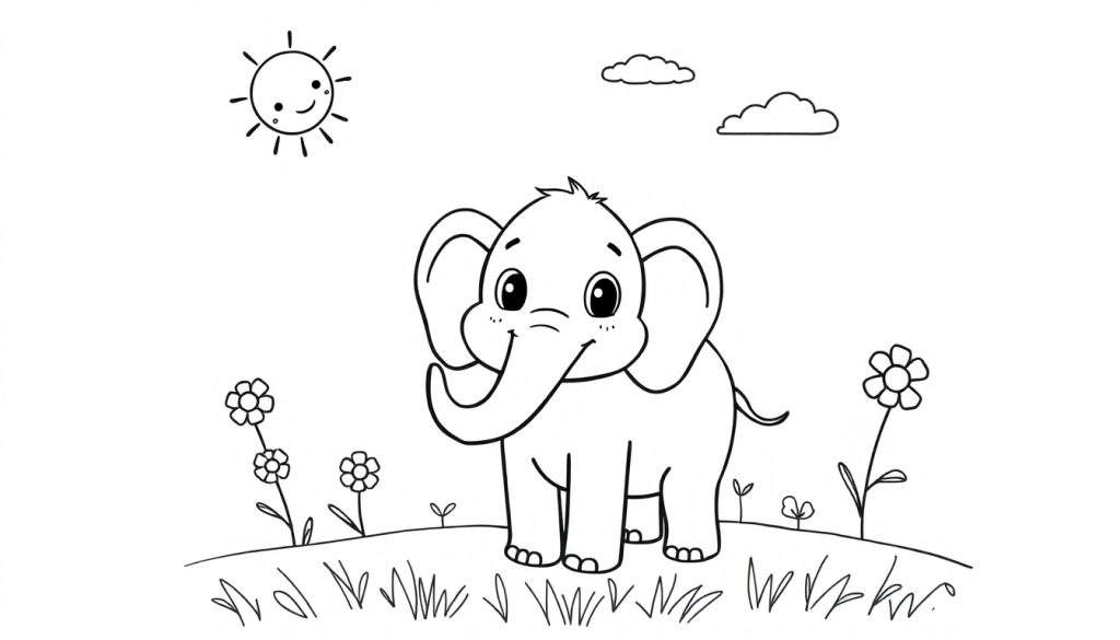 Kleurplaat van een schattige, lachende olifant met grote oren en opgerolde slurf, staand op een glooiende heuvel met bloemen en gras. Links een lachende zon en rechts twee wolkjes.