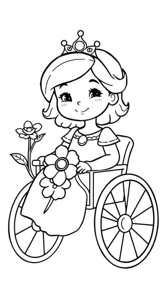 Zwart-wit lijntekening van een lachend meisje met een kroon op, zittend in een rolstoel met grote wielen en bloemen.