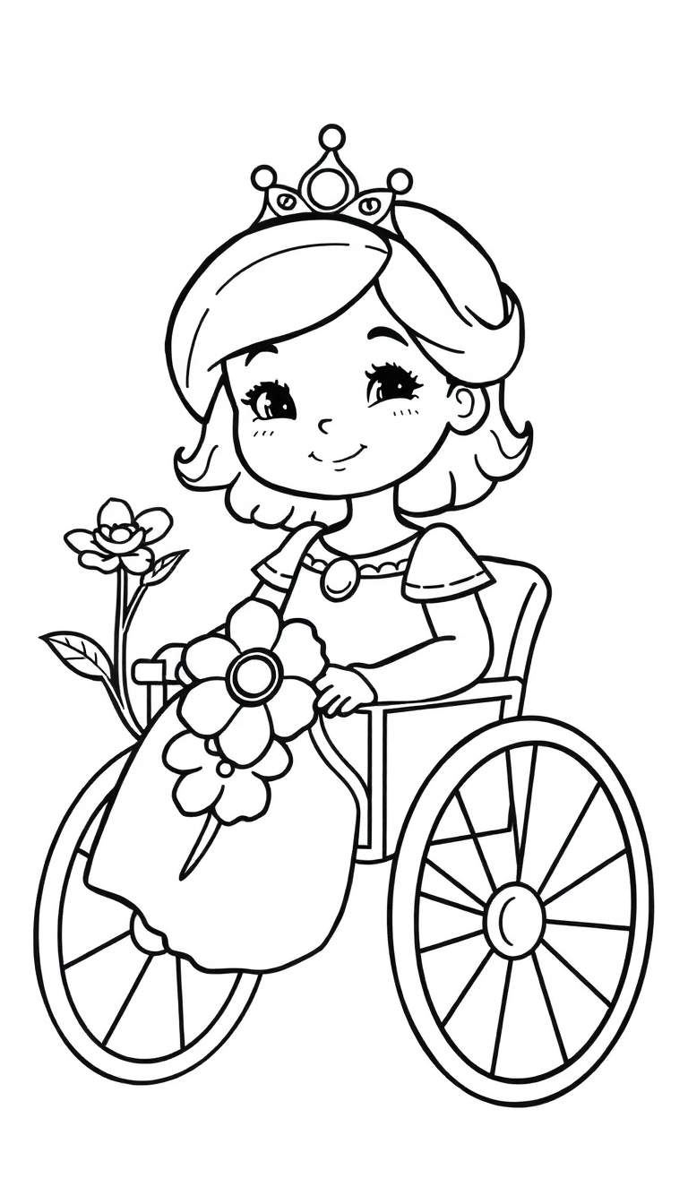 Zwart-wit lijntekening van een lachend meisje met een kroon op, zittend in een rolstoel met grote wielen en bloemen.