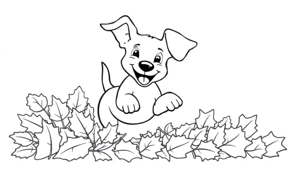 Kleurplaat van een lachende puppy die springt in een berg herfstbladeren, getekend in lijnwerk.
