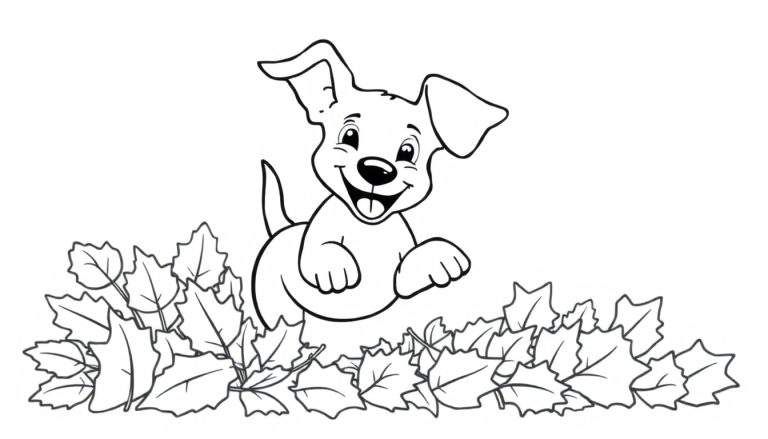 Kleurplaat van een lachende puppy die springt in een berg herfstbladeren, getekend in lijnwerk.