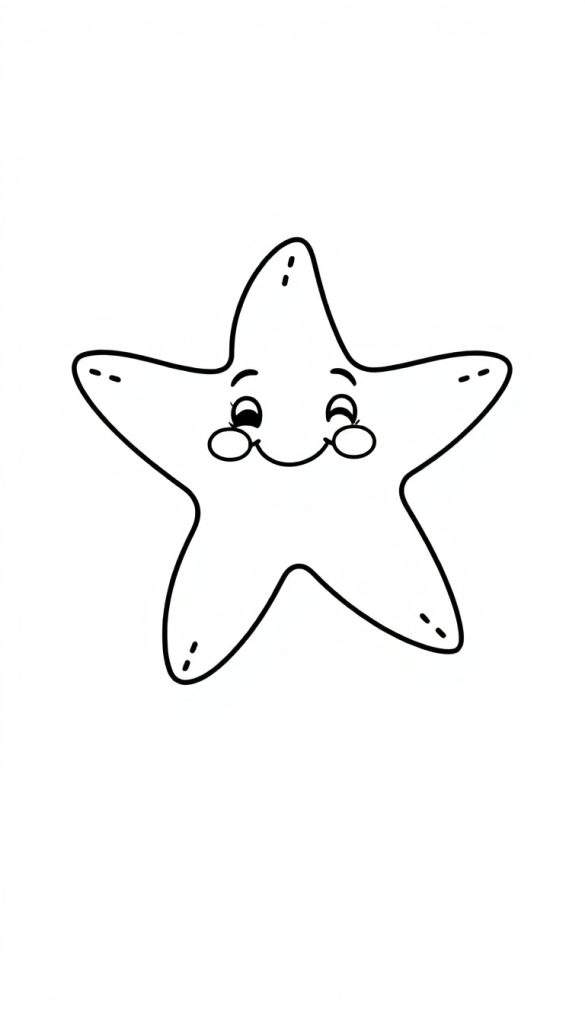 Kleurplaat van een vriendelijke vijfpuntige ster met een lachend gezichtje en dubbele streepjes bij de punten.