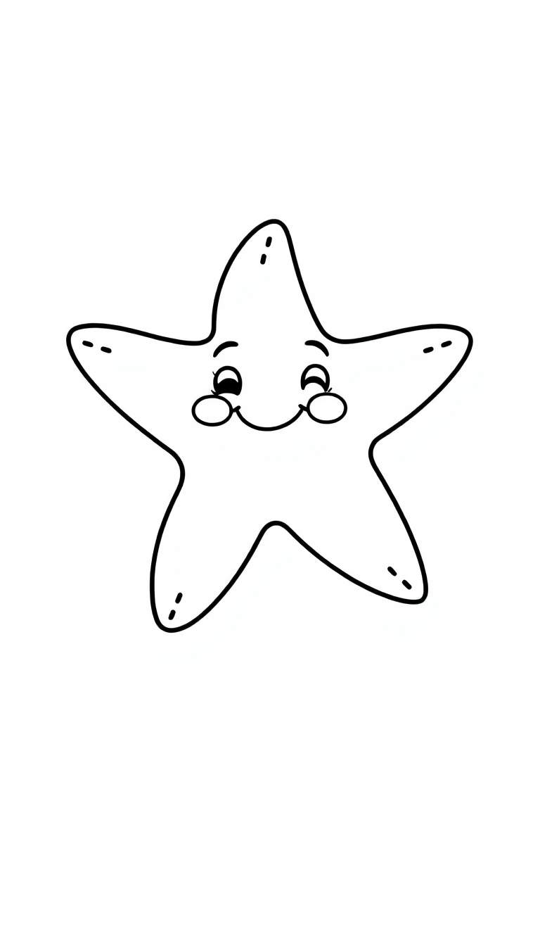 Kleurplaat van een vriendelijke vijfpuntige ster met een lachend gezichtje en dubbele streepjes bij de punten.