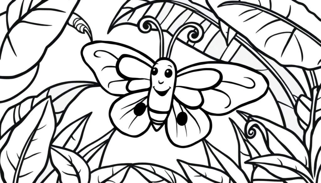 Zwart-wit lijntekening van een lachende cartoon vlinder met stippen op de vleugels, omringd door bladeren, bedoeld als kleurplaat.