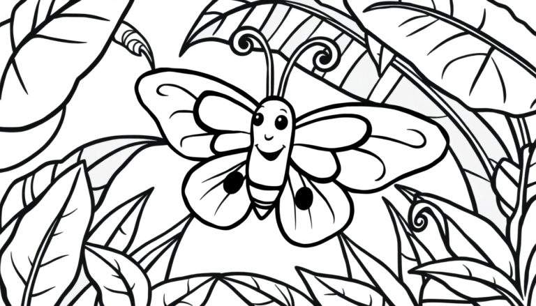 Zwart-wit lijntekening van een lachende cartoon vlinder met stippen op de vleugels, omringd door bladeren, bedoeld als kleurplaat.