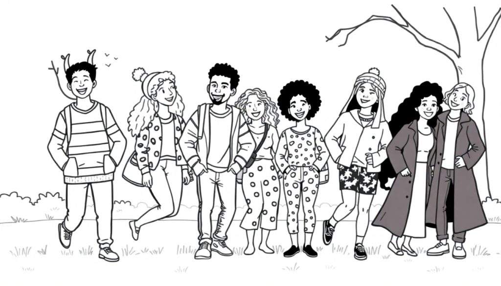 Kleurplaat van een groep van negen lachende tieners die buiten staan, met details zoals hertengewei-takjes, vogeltjes, mutsen en stippenpatronen.