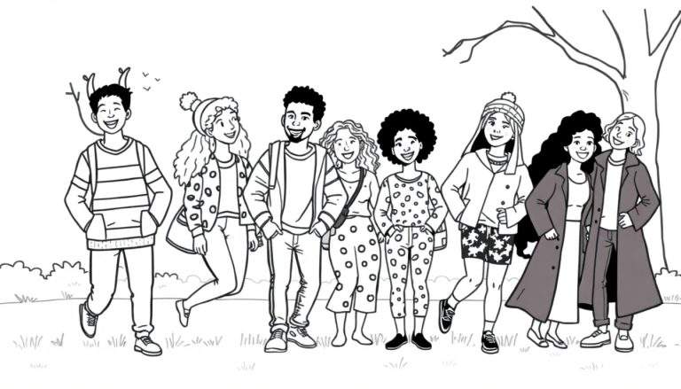 Kleurplaat van een groep van negen lachende tieners die buiten staan, met details zoals hertengewei-takjes, vogeltjes, mutsen en stippenpatronen.