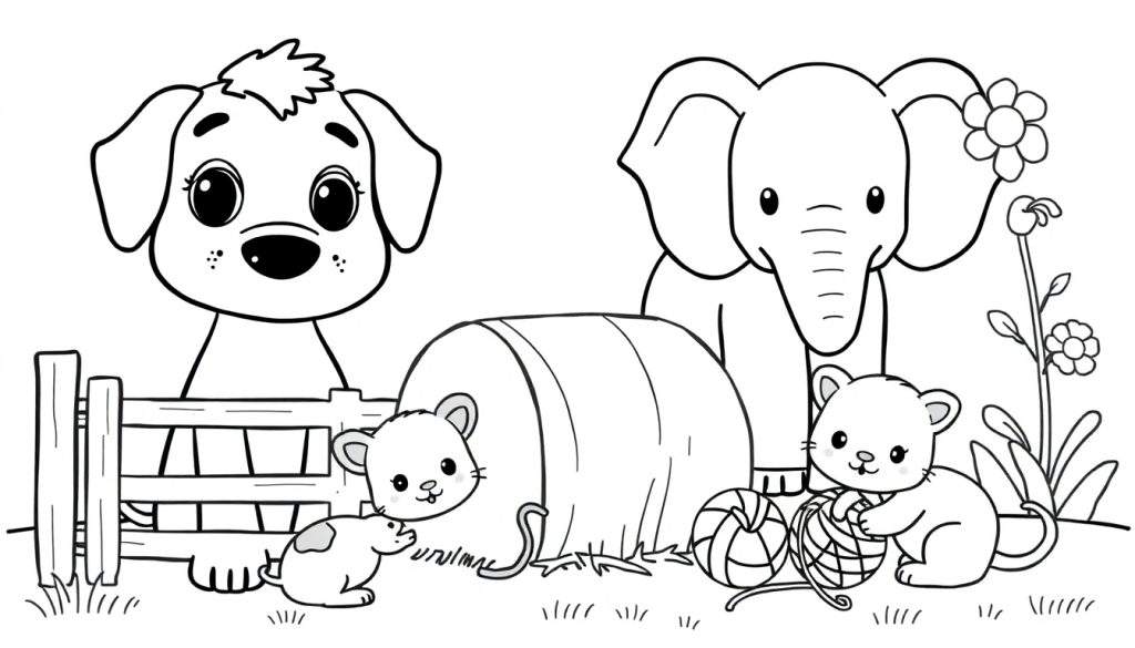 Kleurplaat met een hond, twee muisjes, een olifant en een katje die spelen in een buitenomgeving met hooibaal, hek, bloemen en gras.