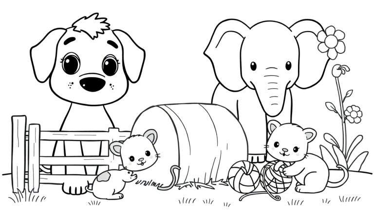 Kleurplaat met een hond, twee muisjes, een olifant en een katje die spelen in een buitenomgeving met hooibaal, hek, bloemen en gras.