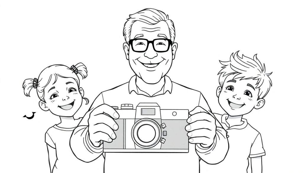 Kleurplaat van een glimlachende man met een camera, een meisje met staartjes en een jongen, die samen wachten op een foto.