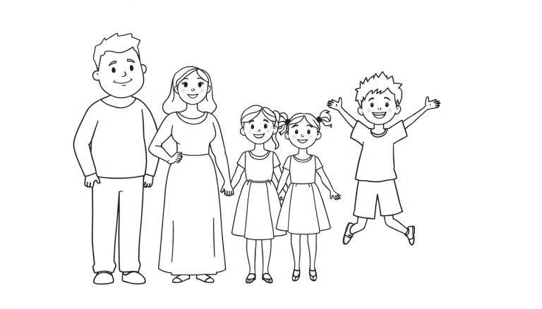 Zwart-wit lijntekening van een lachend gezin van vijf personen, met vader, moeder, twee meisjes hand in hand en een springende jongen.