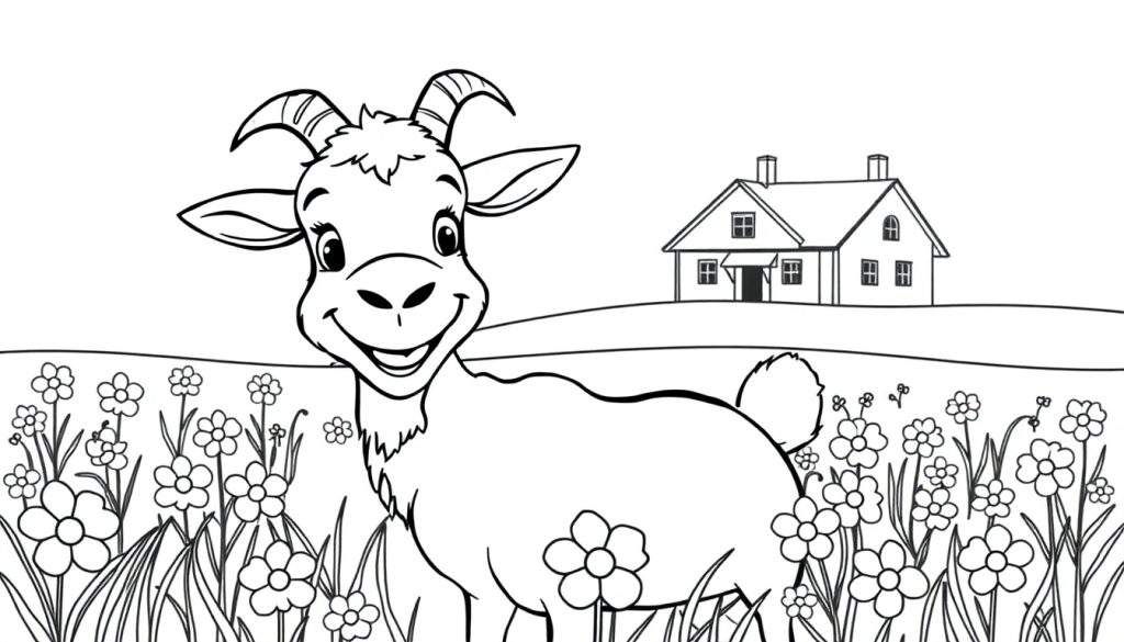 Kleurplaat van een lachende geit met kleine hoorntjes in een veld vol bloemen en grassprieten, met op de achtergrond een huis op een heuvel.