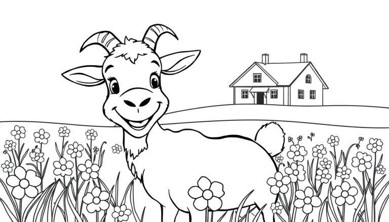 Kleurplaat van een lachende geit met kleine hoorntjes in een veld vol bloemen en grassprieten, met op de achtergrond een huis op een heuvel.