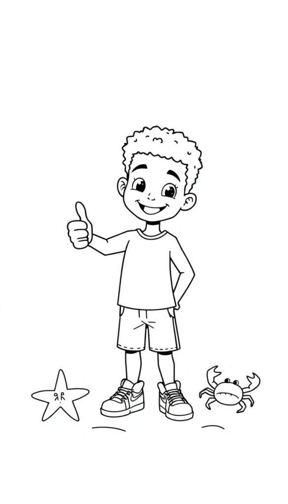 Kleurplaat van een blije jongen met duim omhoog, een zeester met 'A R' erop en een chagrijnige krab.