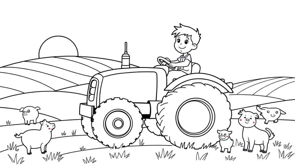 Zwart-wit tekening van een jongen op een tractor met vier varkens op een veld.