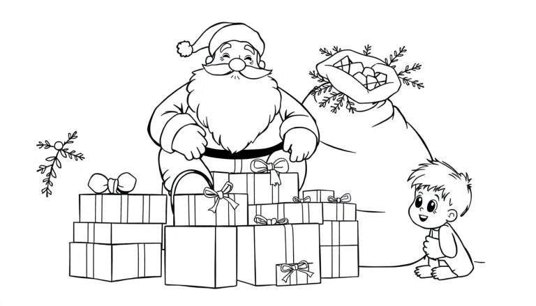 Zwart-wit tekening van een lachende Kerstman die op zijn knieën zit met stapels ingepakte cadeautjes voor zich. Naast hem staat een zak met cadeautjes versierd met takjes, en een jongetje met blote voeten kijkt ernaar. Bovenin hangt een takje met besjes.