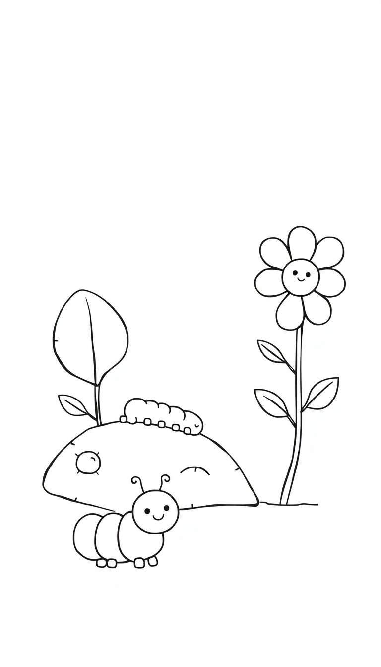 Kleurplaat met een lachend insect onderaan links, een grote paddenstoel in het midden met een klein plantje en een kruipende rups, en een hoge bloem met een gezichtje rechts. De achtergrond is wit.