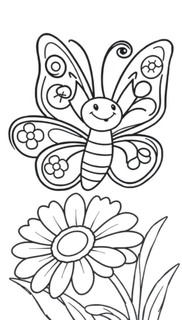 Kleurplaat van een lachende vlinder met gedetailleerde vleugels boven een grote bloem met bladeren.