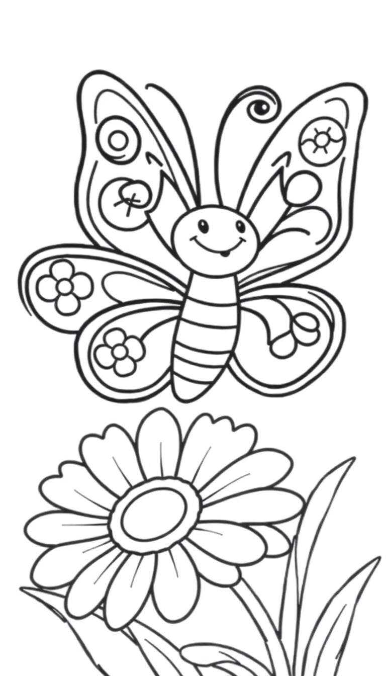 Kleurplaat van een lachende vlinder met gedetailleerde vleugels boven een grote bloem met bladeren.