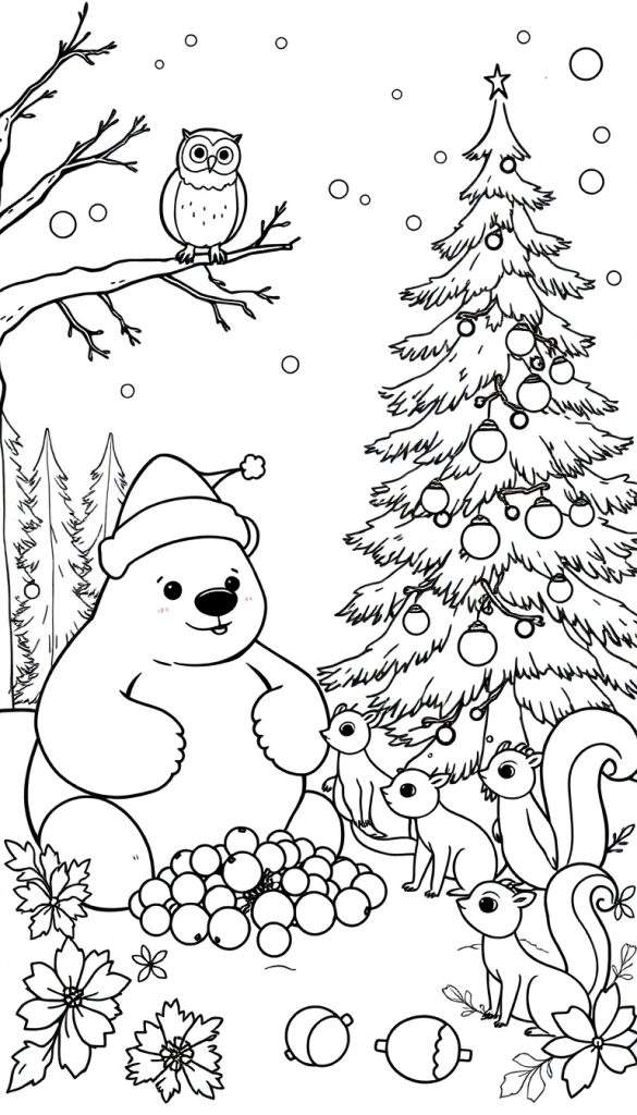 Kleurplaat met een lachende ijsbeer met kerstmuts, omringd door eekhoorns, bessen, kerstballen en een kerstboom, terwijl sneeuwvlokken naar beneden dwarrelen.