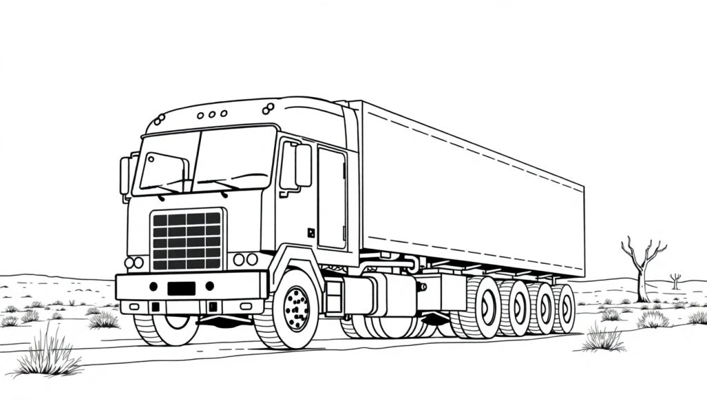 Kleurplaat van een vrachtwagen met oplegger rijdend op een weg in een landschap met kale bomen.