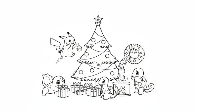 Kleurplaat van een kerstscène met Pikachu, Bulbasaur, Charmander en Squirtle rond een kerstboom en open haard.