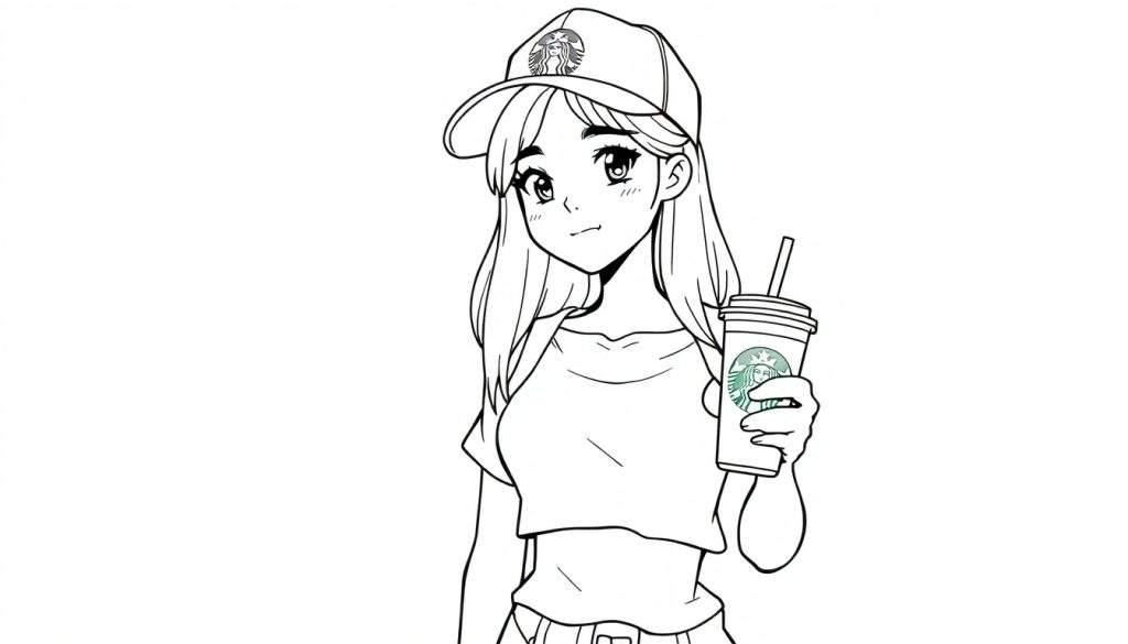 Kleurplaat van een anime meisje met lang haar, grote ogen, een Starbucks pet en een Starbucks beker in haar hand.