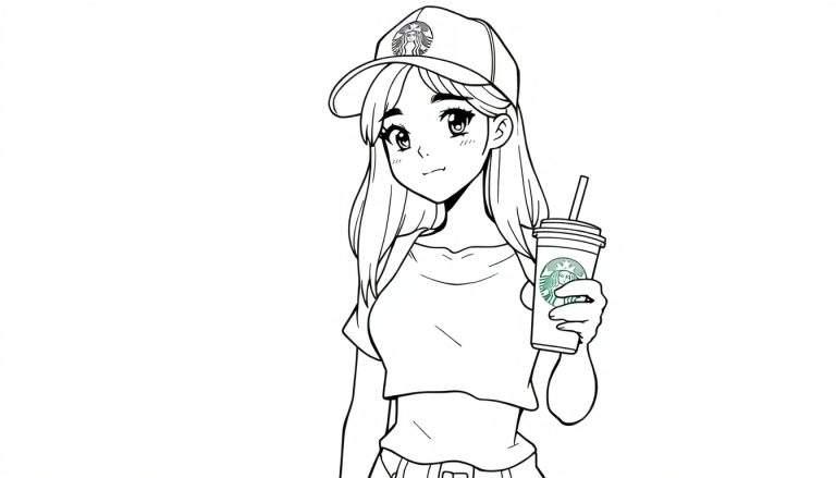 Kleurplaat van een anime meisje met lang haar, grote ogen, een Starbucks pet en een Starbucks beker in haar hand.
